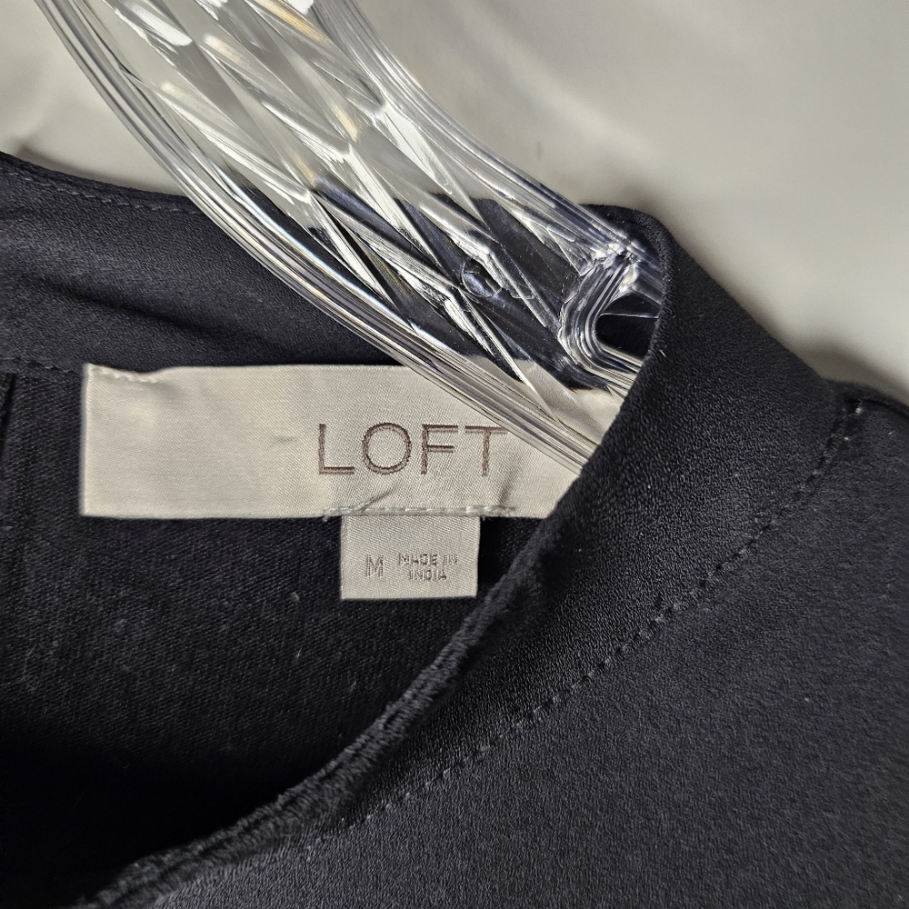 LOFT Semi Sheer Peplum Black Blouse Size Medium Long Sleeve Keyhole Back Classic - Picture 8 of 12